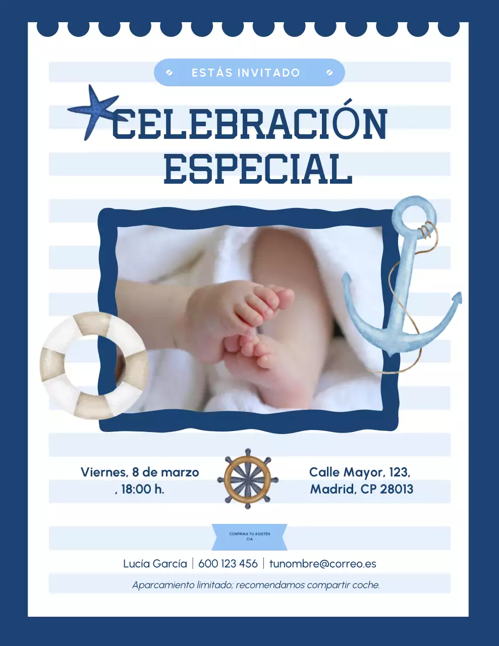 Invitación de celebración náutica azul