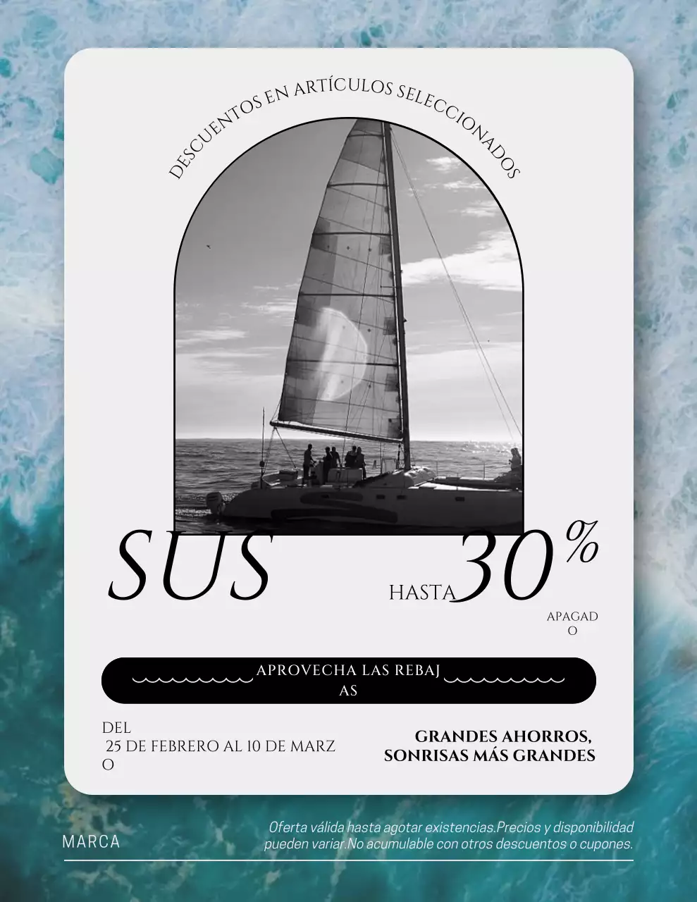 Cartel elegante de promoción de ventas en azul y blanco