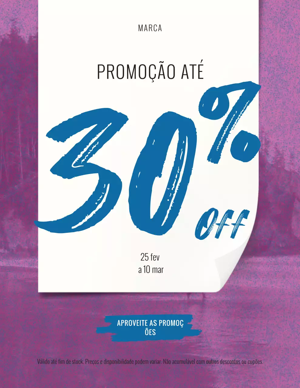 Pôster promocional de vendas em negrito nas cores roxo e azul