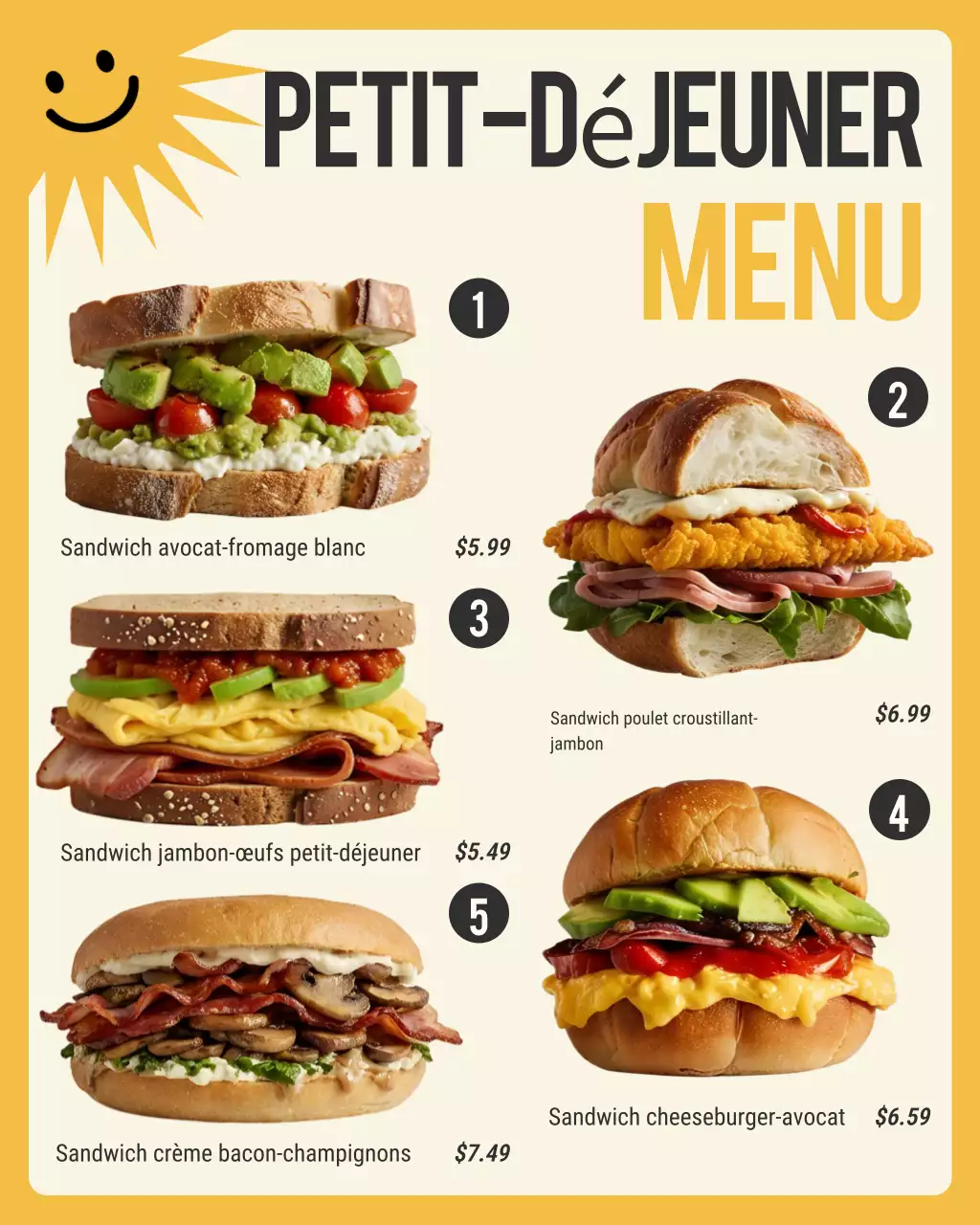 menu de petit-déjeuner moderne jaune