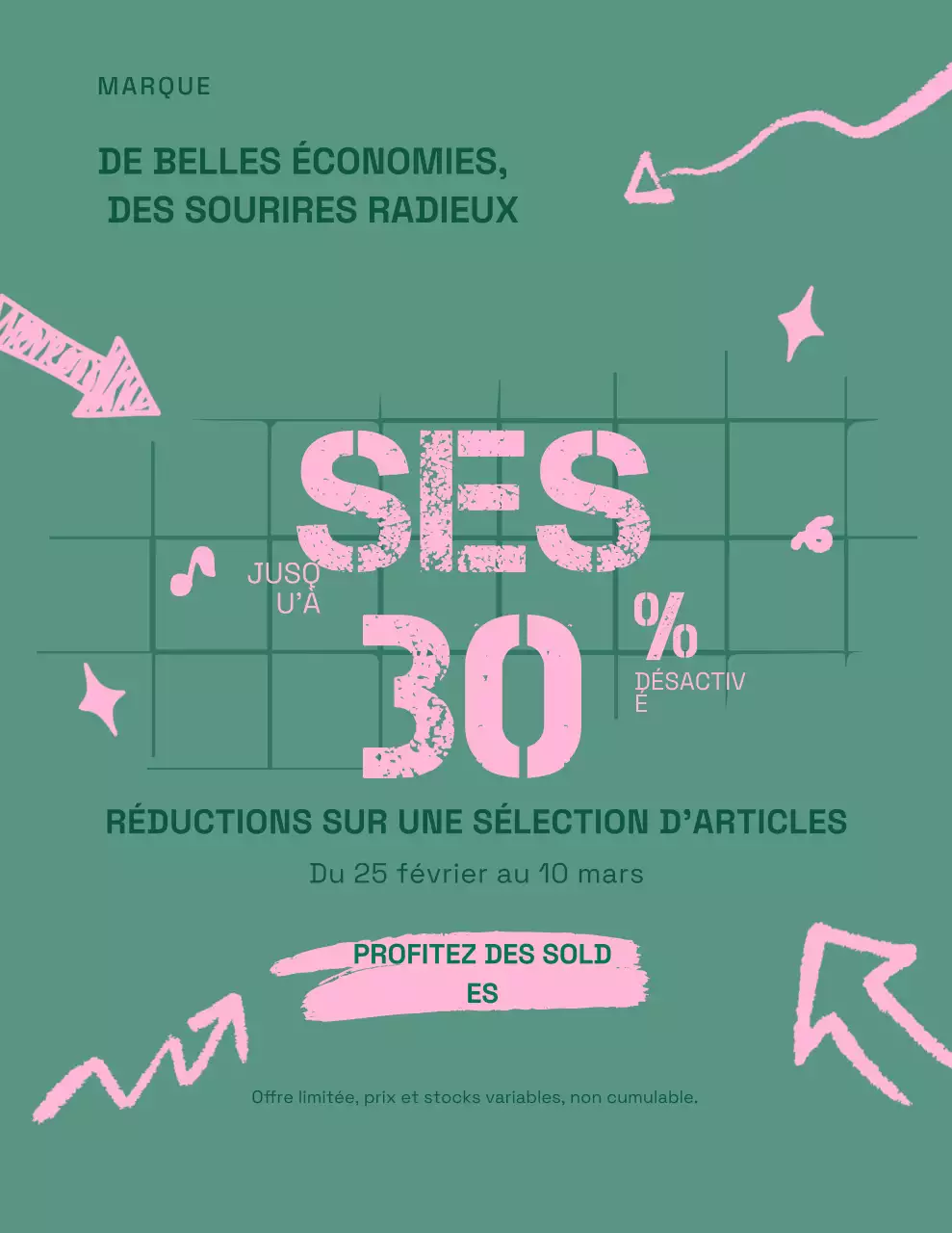 Affiche promotionnelle moderne verte et rose