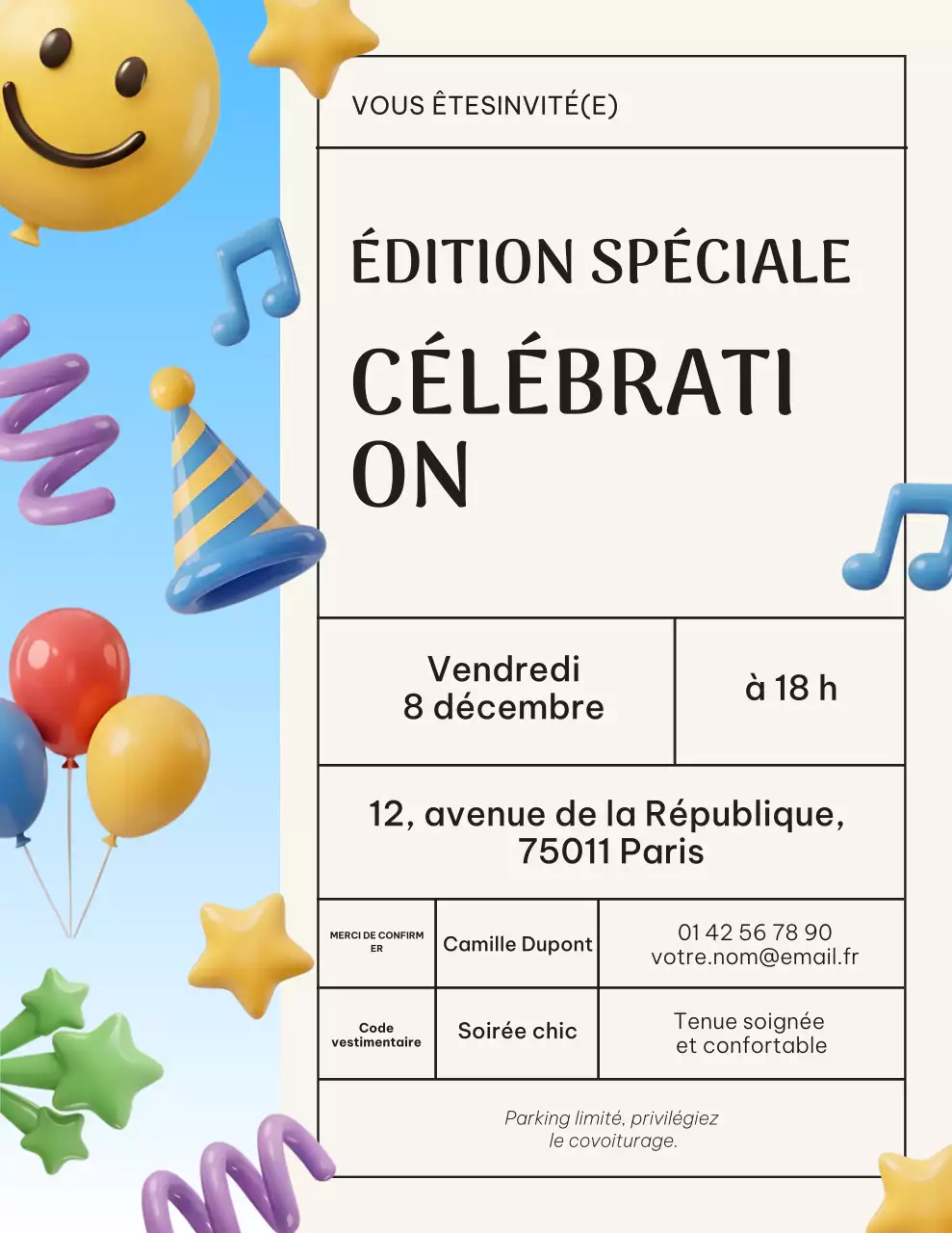 Invitation festive bleue et beige