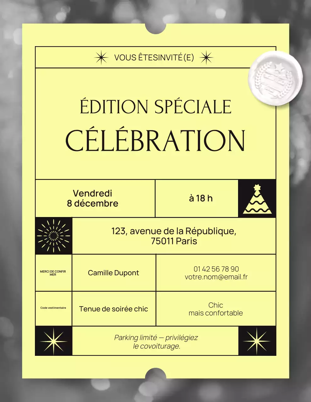 Invitation moderne jaune et noire pour une célébration