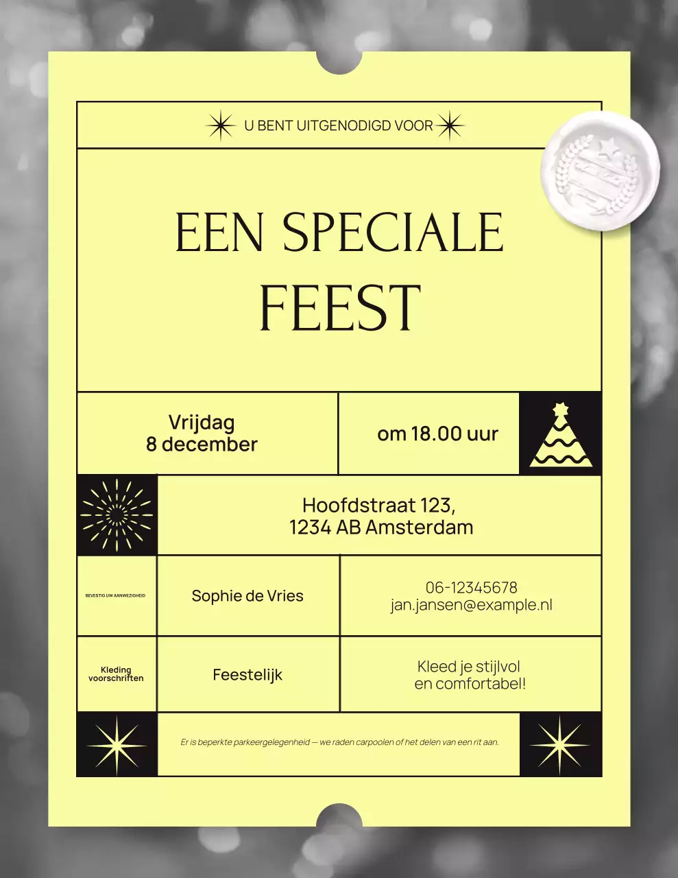 Moderne feestuitnodiging in geel en zwart