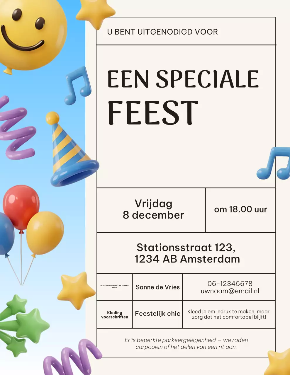 Feestelijke uitnodiging in blauw en beige
