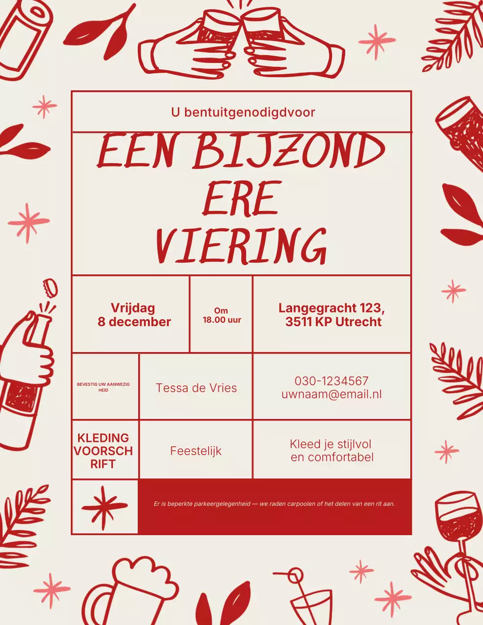 Uitnodiging voor een feest met rode en beige doodles