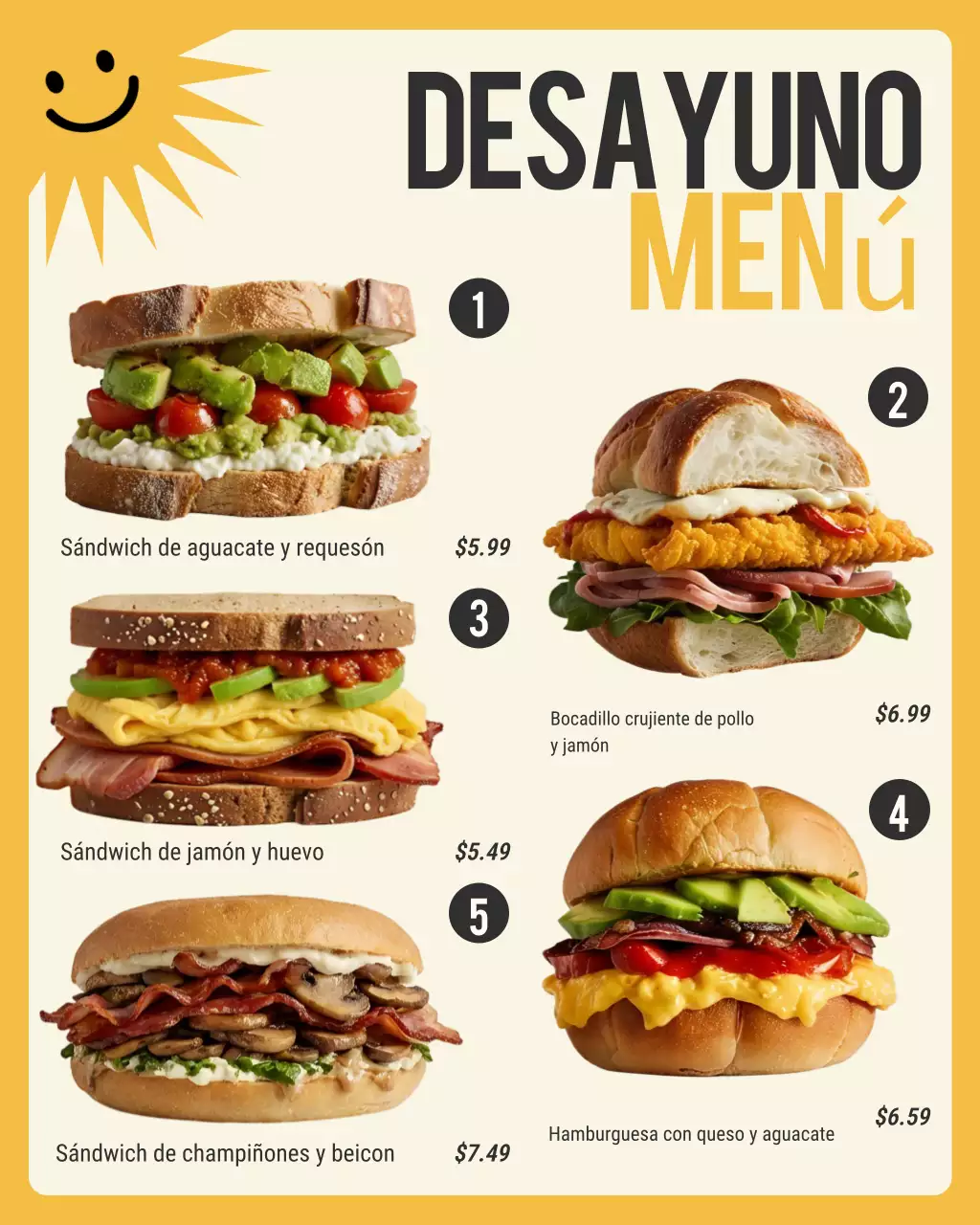 Menú de desayuno moderno amarillo