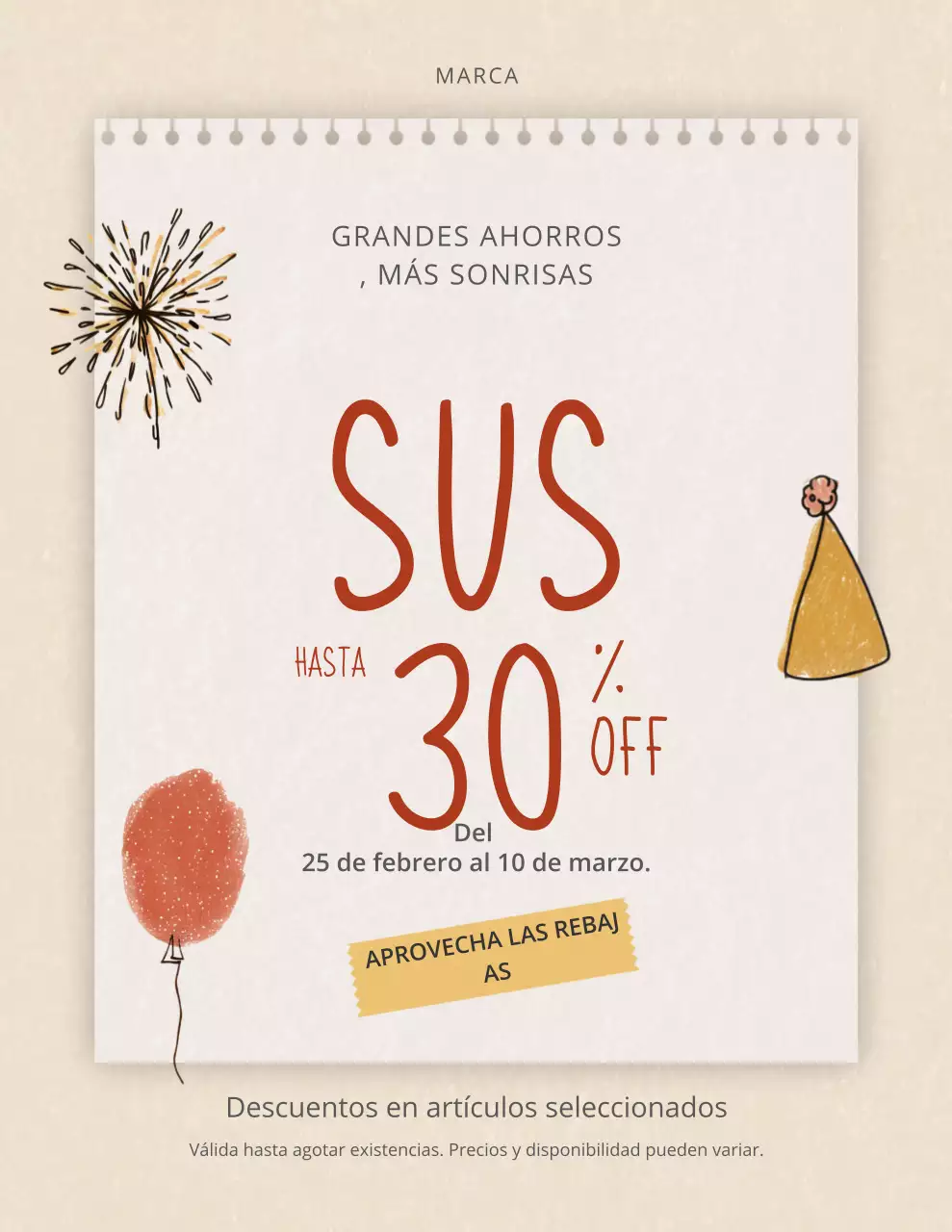 Póster promocional de rebajas en beige acogedor