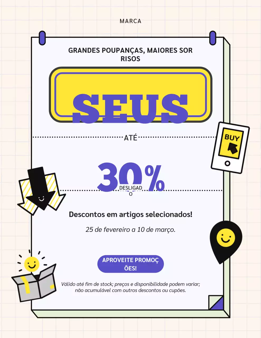 Pôster promocional moderno em roxo e amarelo