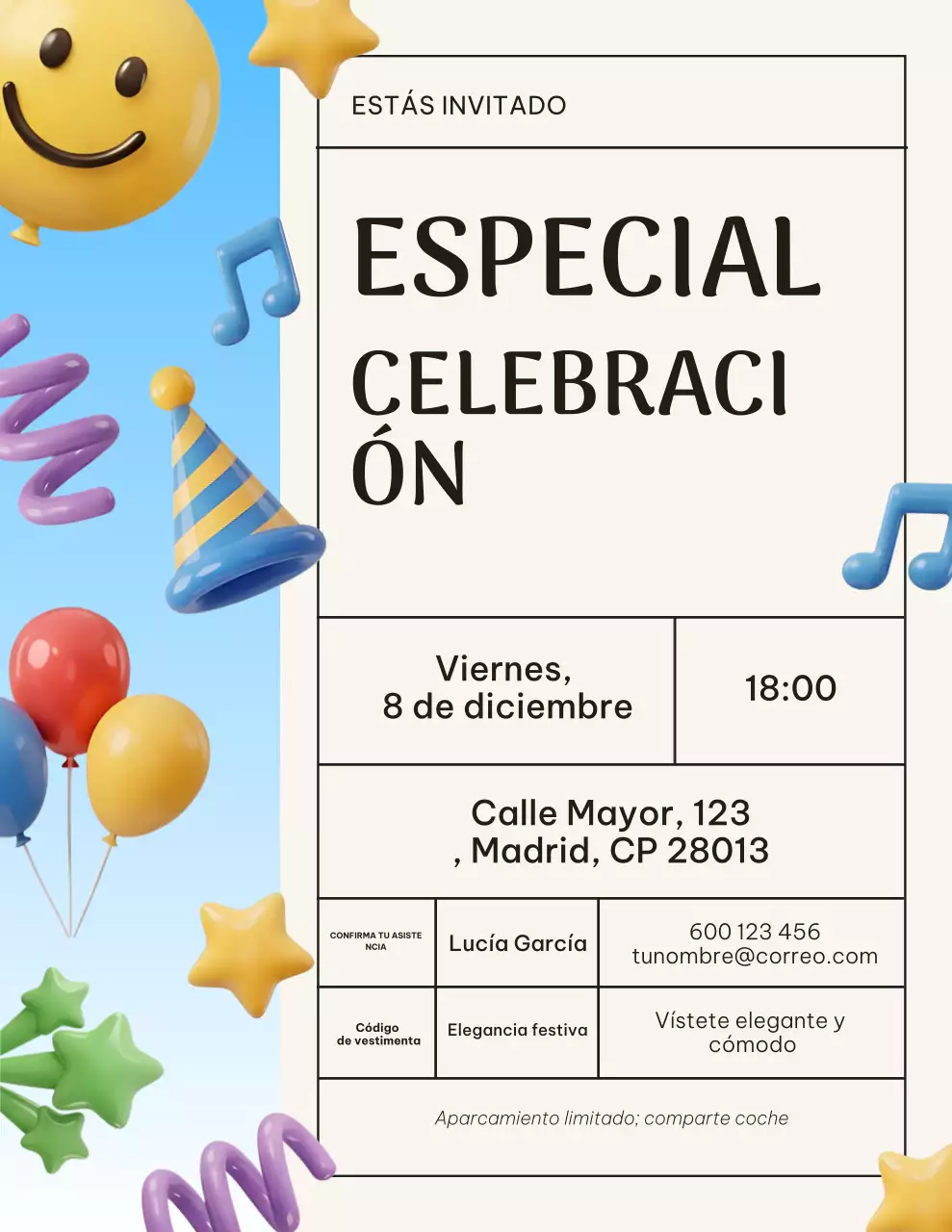 Invitación festiva de celebración azul y beige