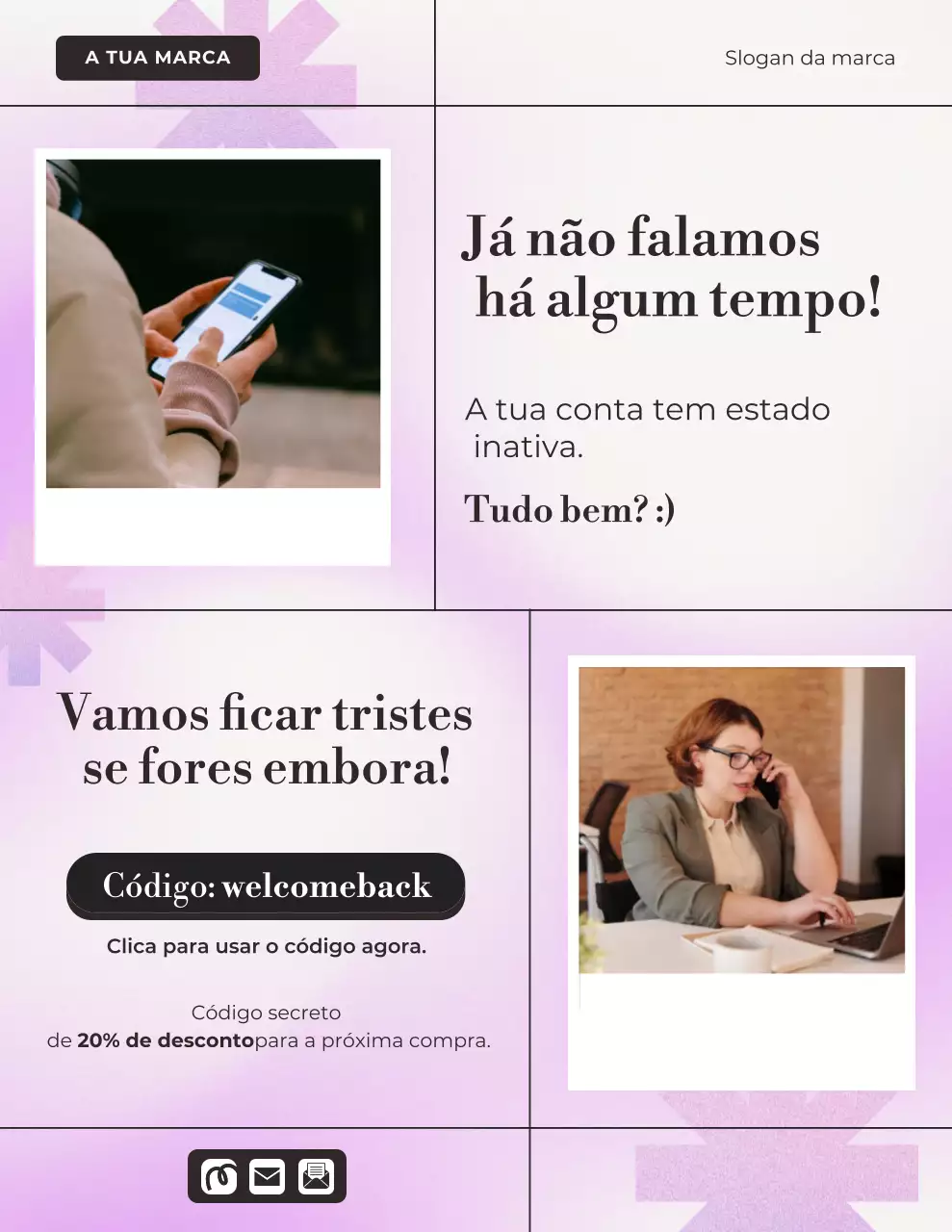 Pôster promocional moderno roxo para clientes