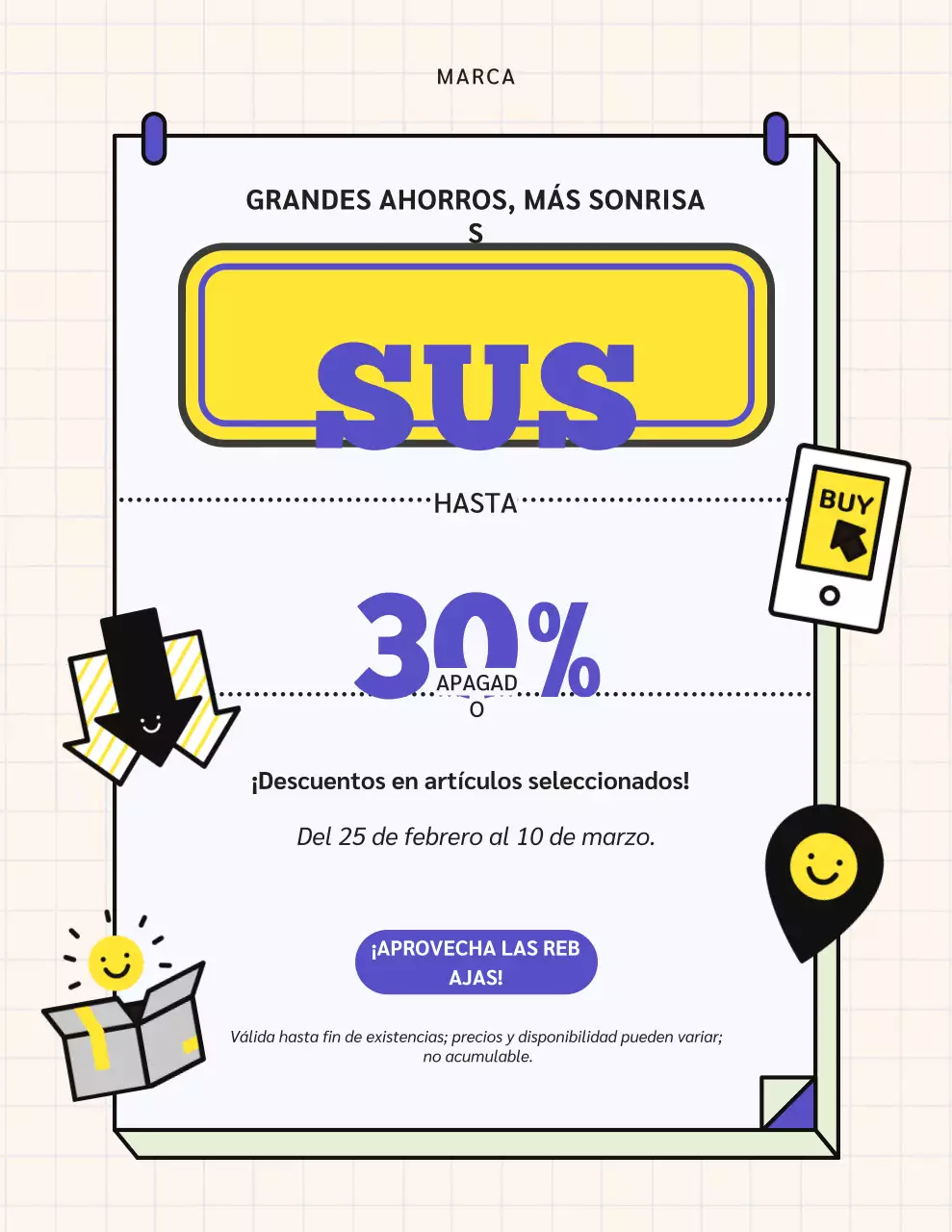 Póster promocional de venta moderno en morado y amarillo