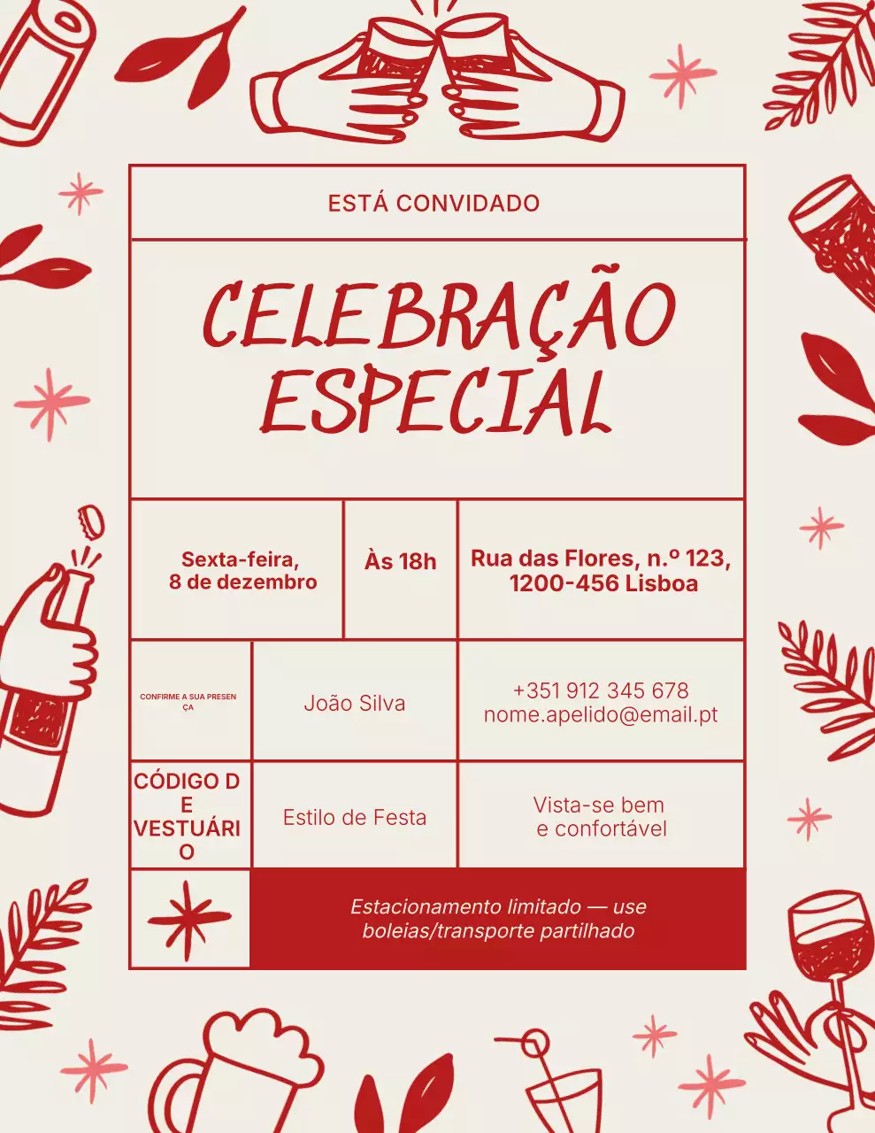 Convite para Festa com Desenhos em Vermelho e Bege