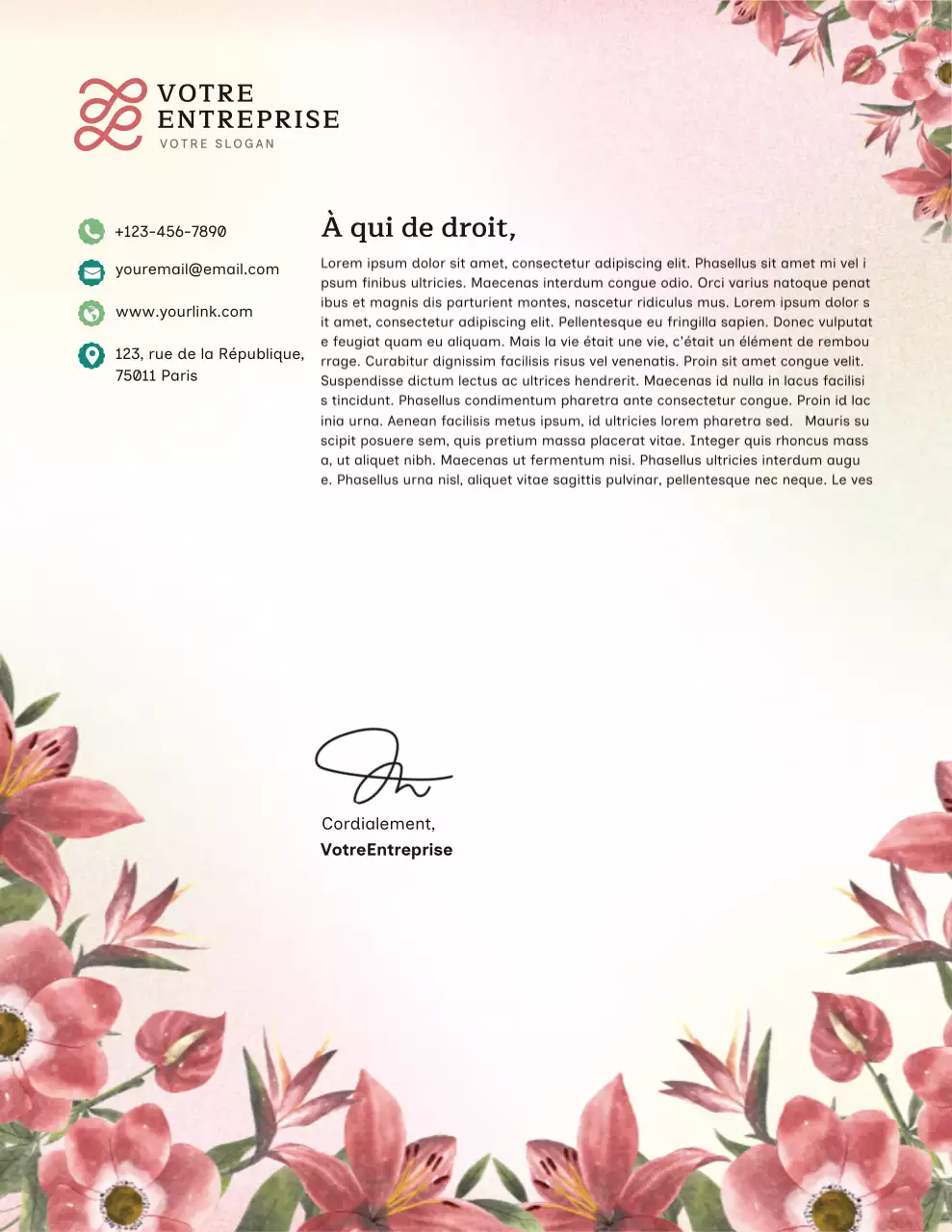 Papier à en-tête commercial à motif floral rose