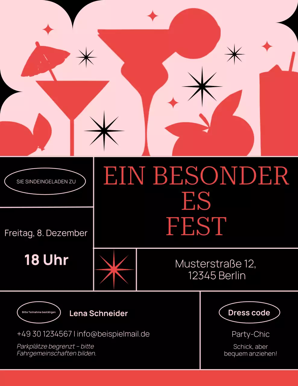 Einladung zur Retro-Feier in Schwarz und Rosa