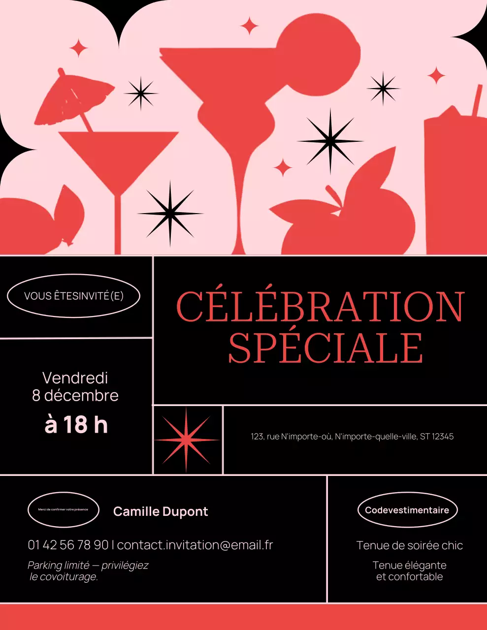 Invitation à une fête rétro noire et rose