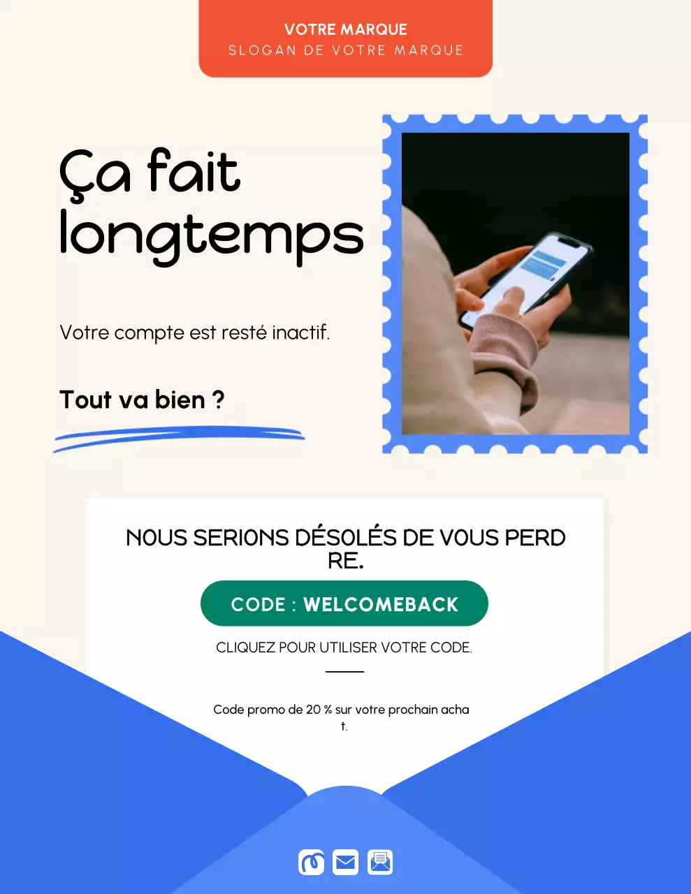 Affiche promotionnelle moderne beige et bleue pour les clients