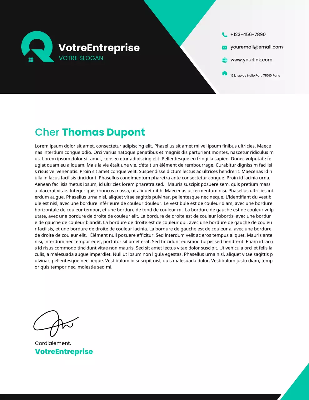 Papier à en-tête moderne bleu sarcelle pour entreprises