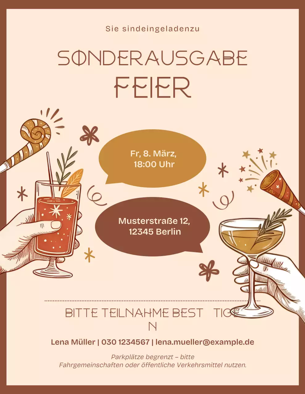 Illustrierte Einladung zur Feier in Braun und Beige