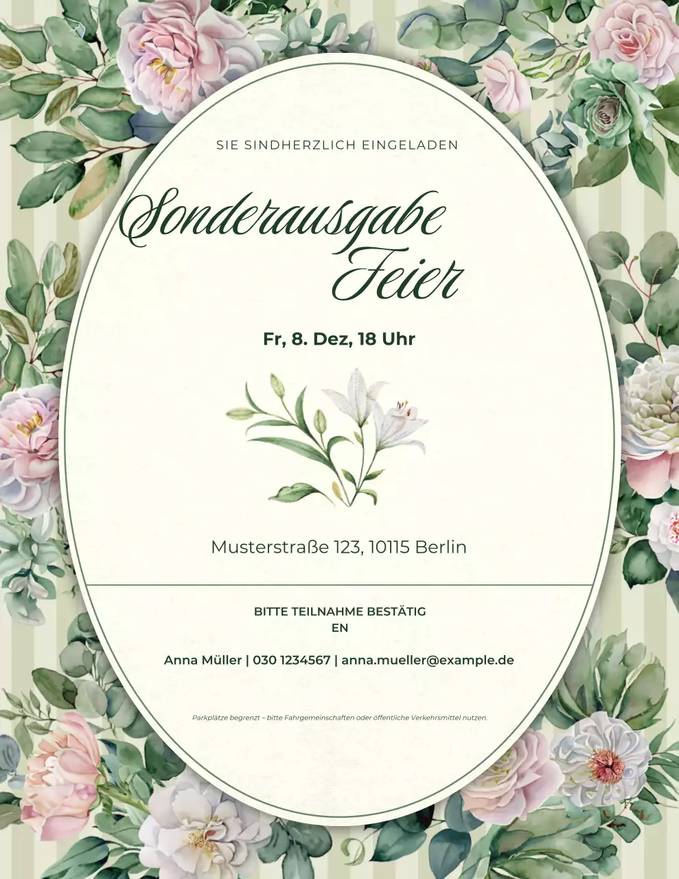 Einladung zur Feier in Grün und Beige mit Blumenmuster