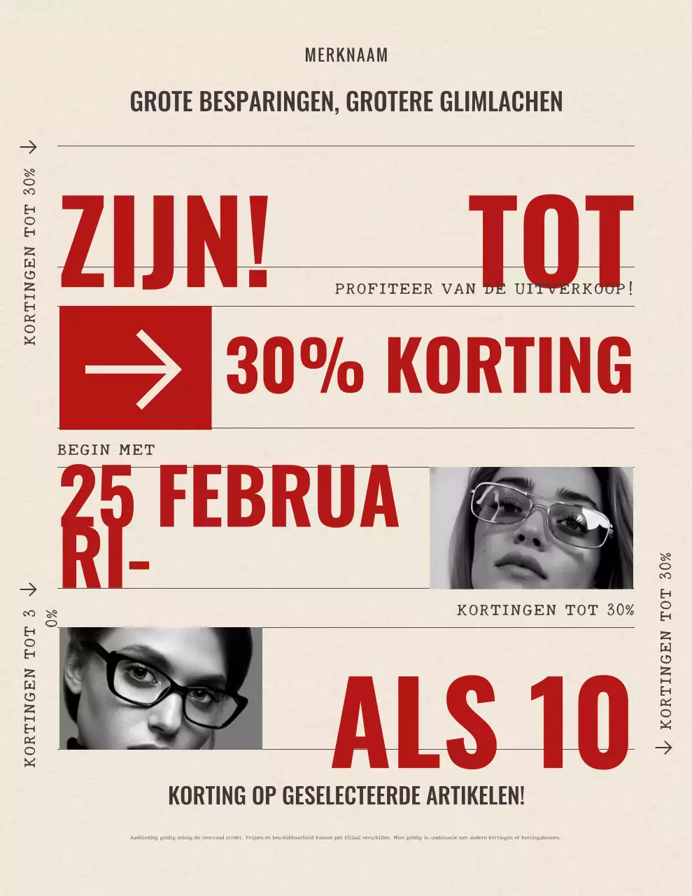 Opvallende verkooppromotieposter in rood en beige