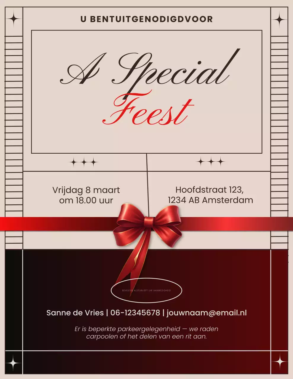 Elegante feestuitnodiging in rood en beige