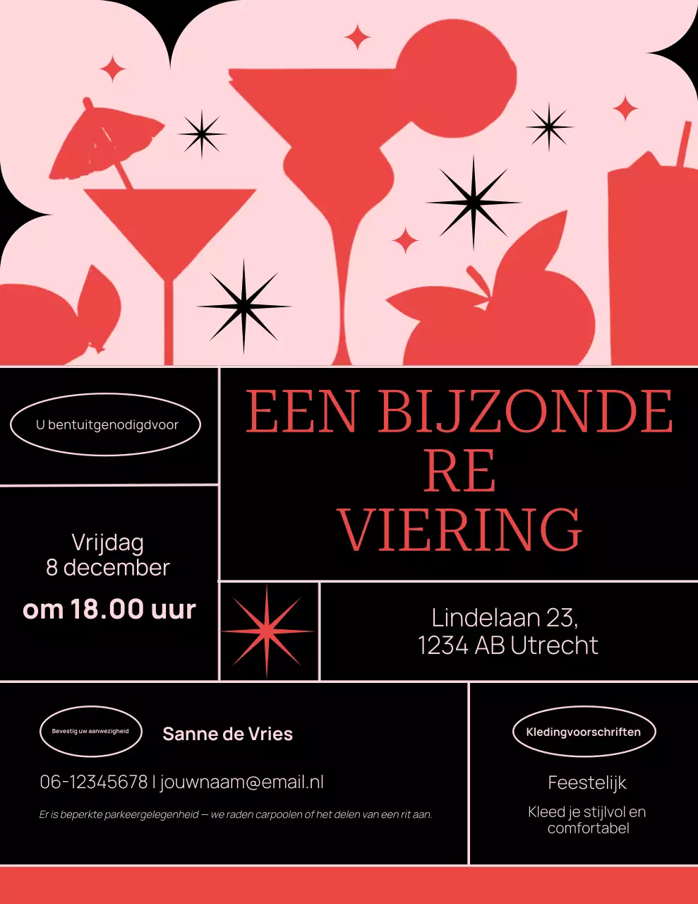 Retro feestuitnodiging in zwart en roze