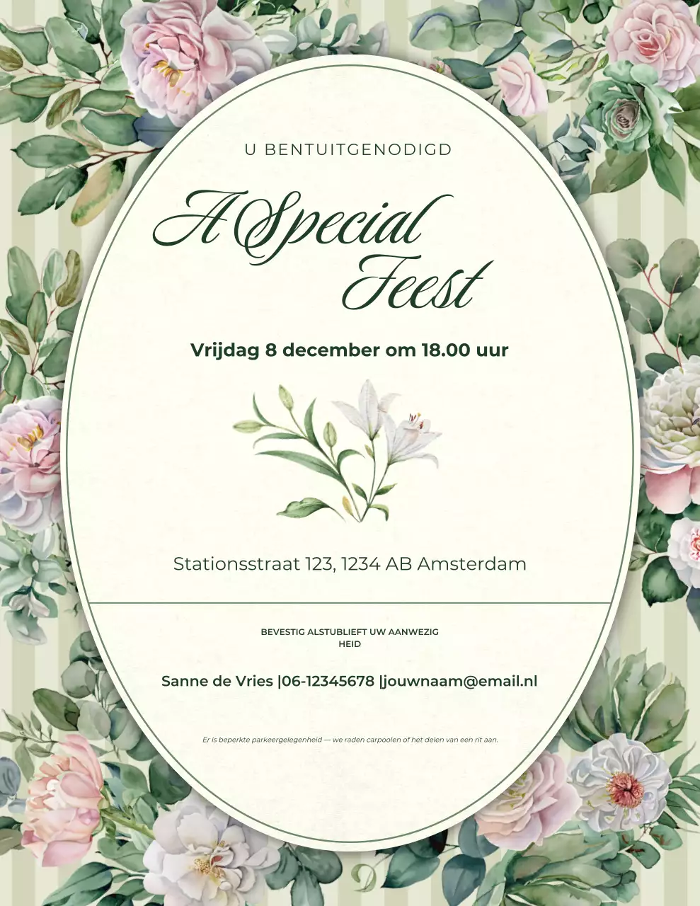 Groene en beige bloemen feestuitnodiging