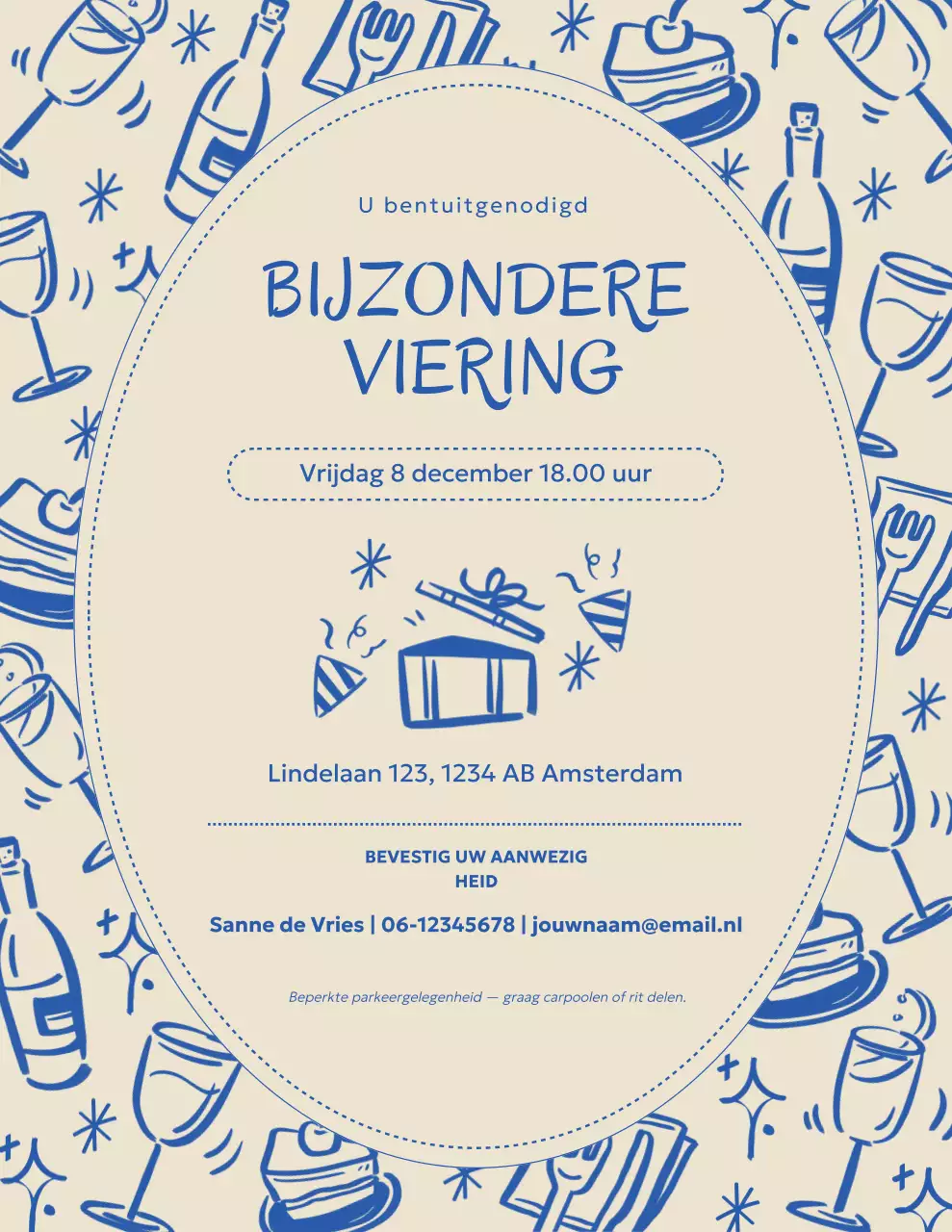 Uitnodiging voor een feest met blauwe en beige doodles