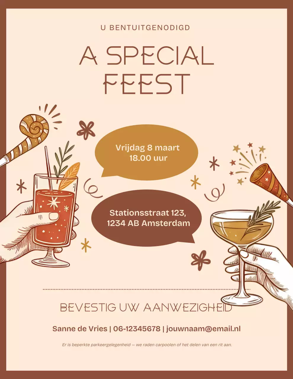 Bruine en beige geïllustreerde feestuitnodiging