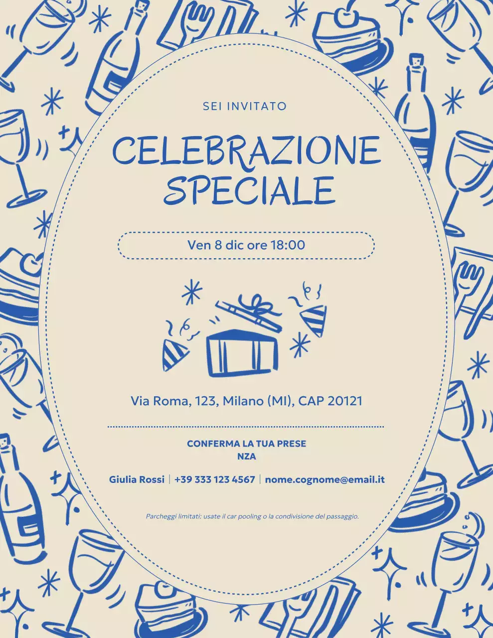 Invito alla festa con scarabocchi blu e beige