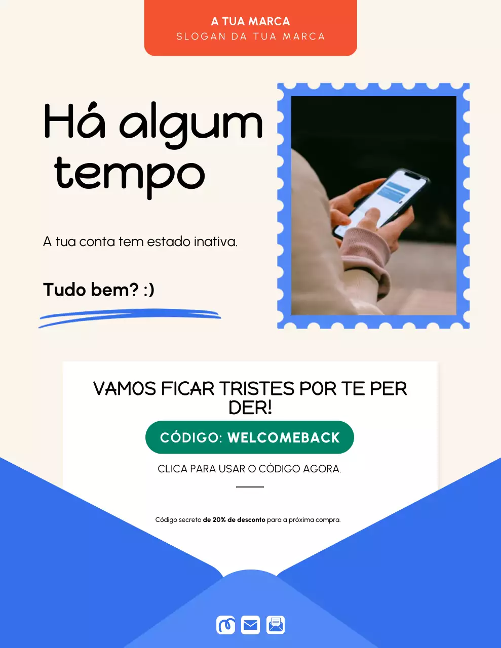 Pôster moderno de promoção para clientes em tons de bege e azul
