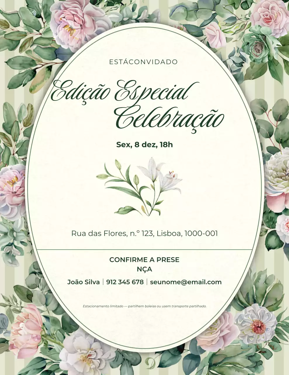 Convite para festa com estampa floral verde e bege