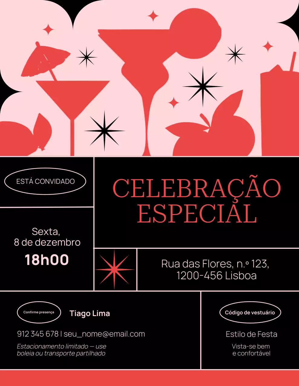Convite para uma celebração retrô em preto e rosa