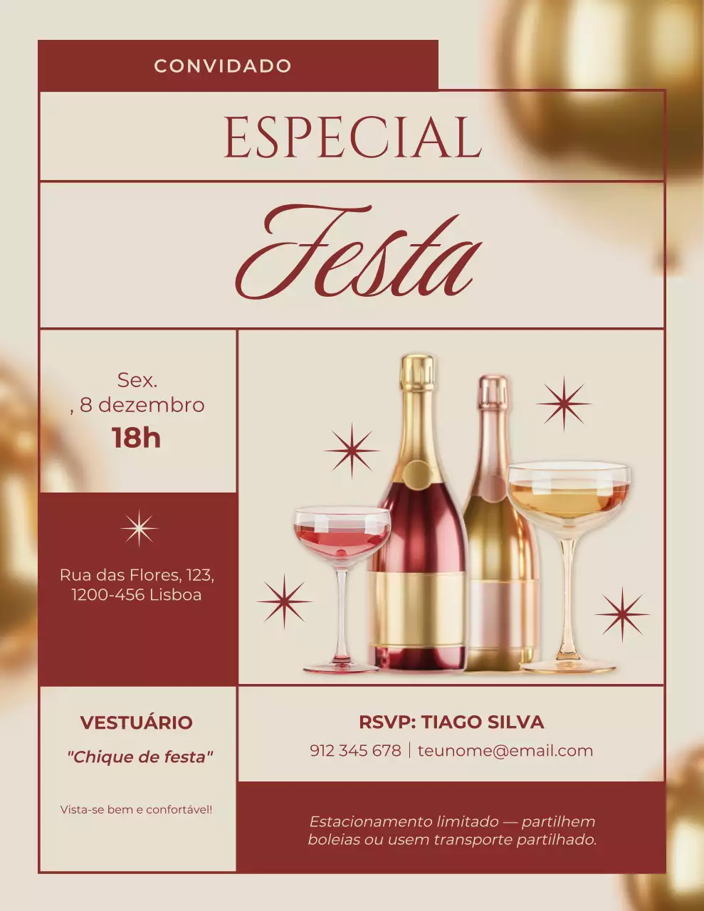 Convite elegante para celebração em tons de dourado e marrom