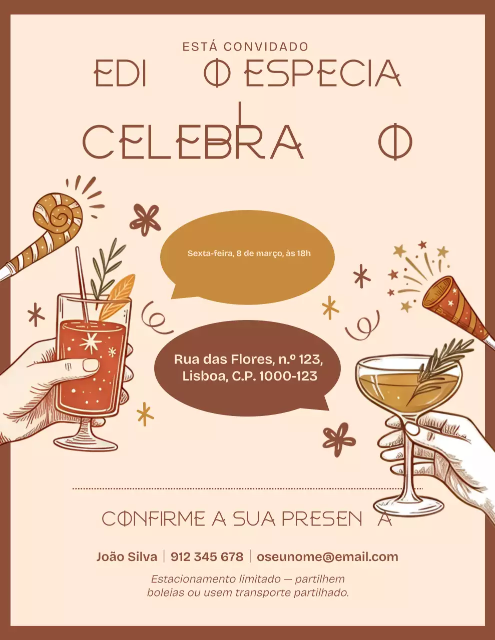 Convite ilustrado para festa em tons de marrom e bege