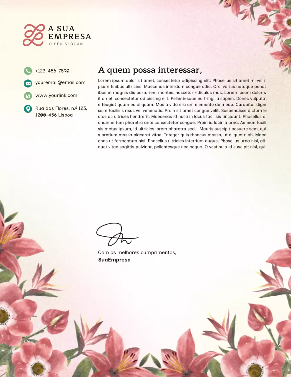 Papel timbrado comercial floral rosa