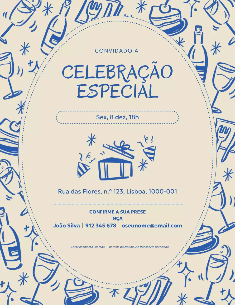 Convite para Festa com Desenhos em Azul e Bege