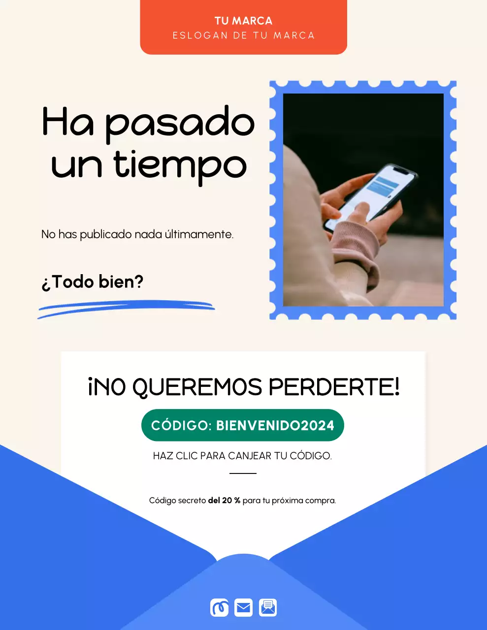 Póster promocional moderno en beige y azul para clientes.