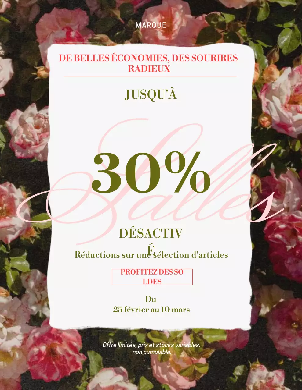 Affiche promotionnelle des ventes à fleurs roses