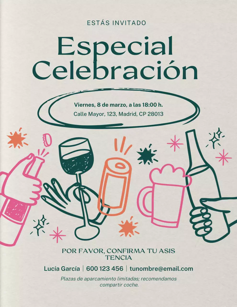 Invitación de celebración moderna en beige y verde