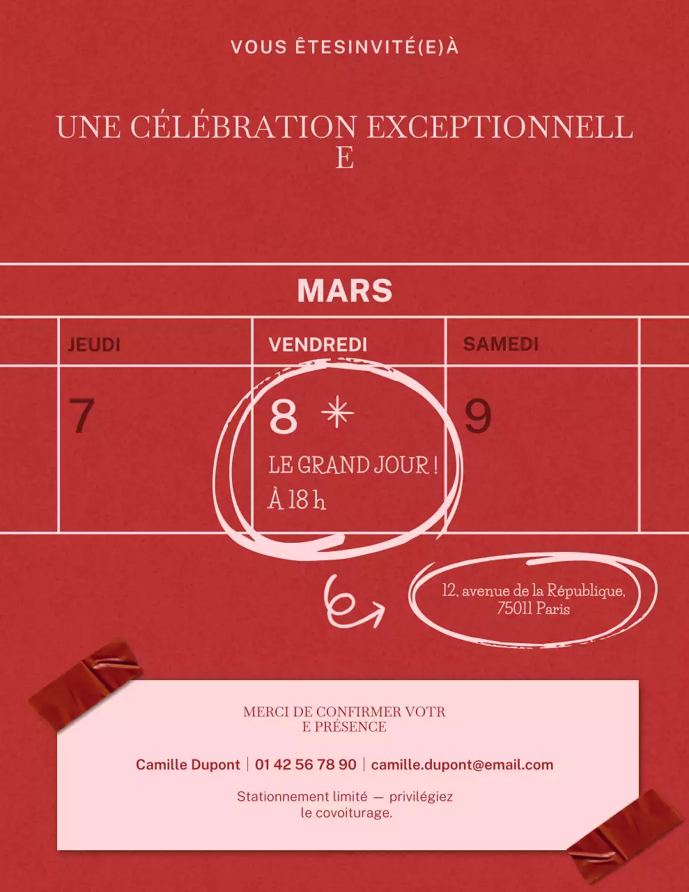 Invitation à une fête avec des gribouillis rouges et roses
