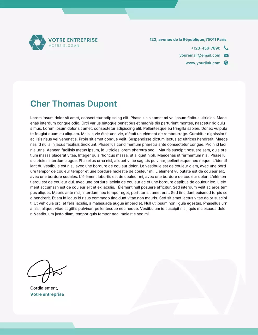 Papier à en-tête professionnel turquoise