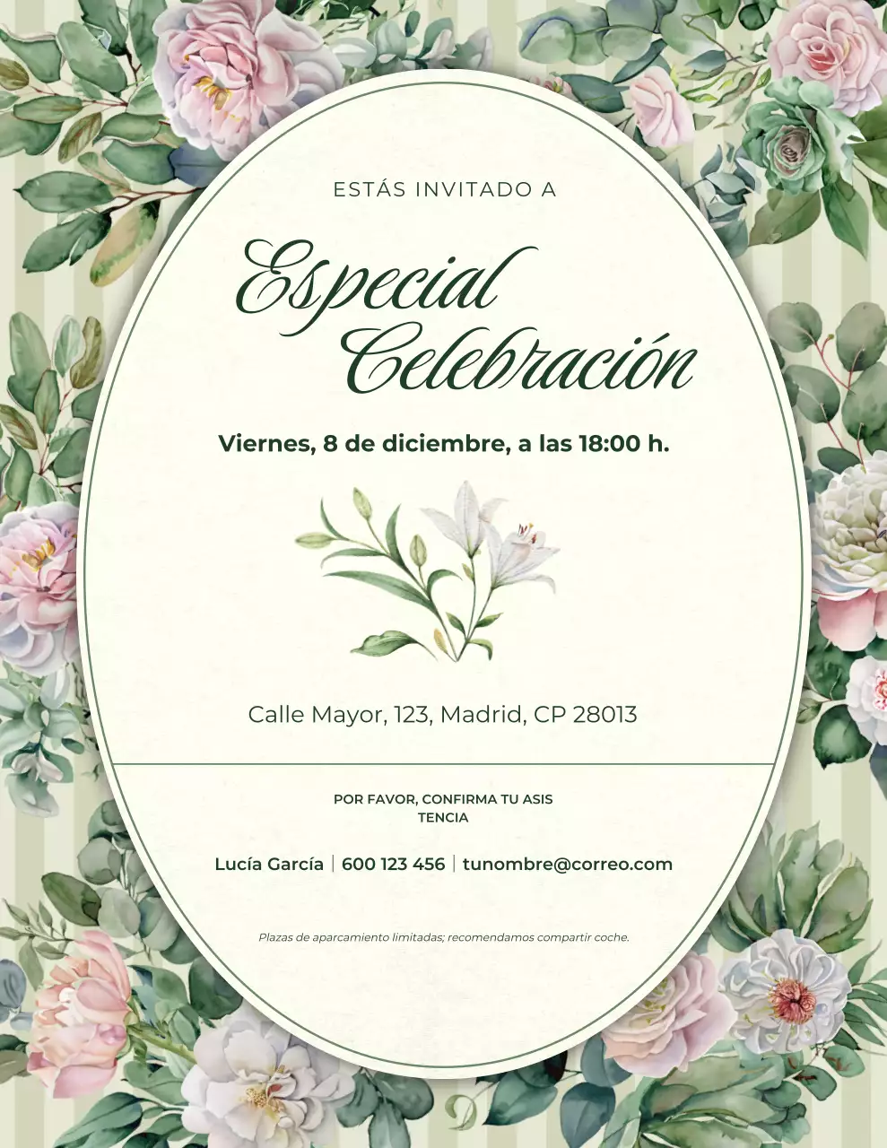 Invitación de celebración floral verde y beige