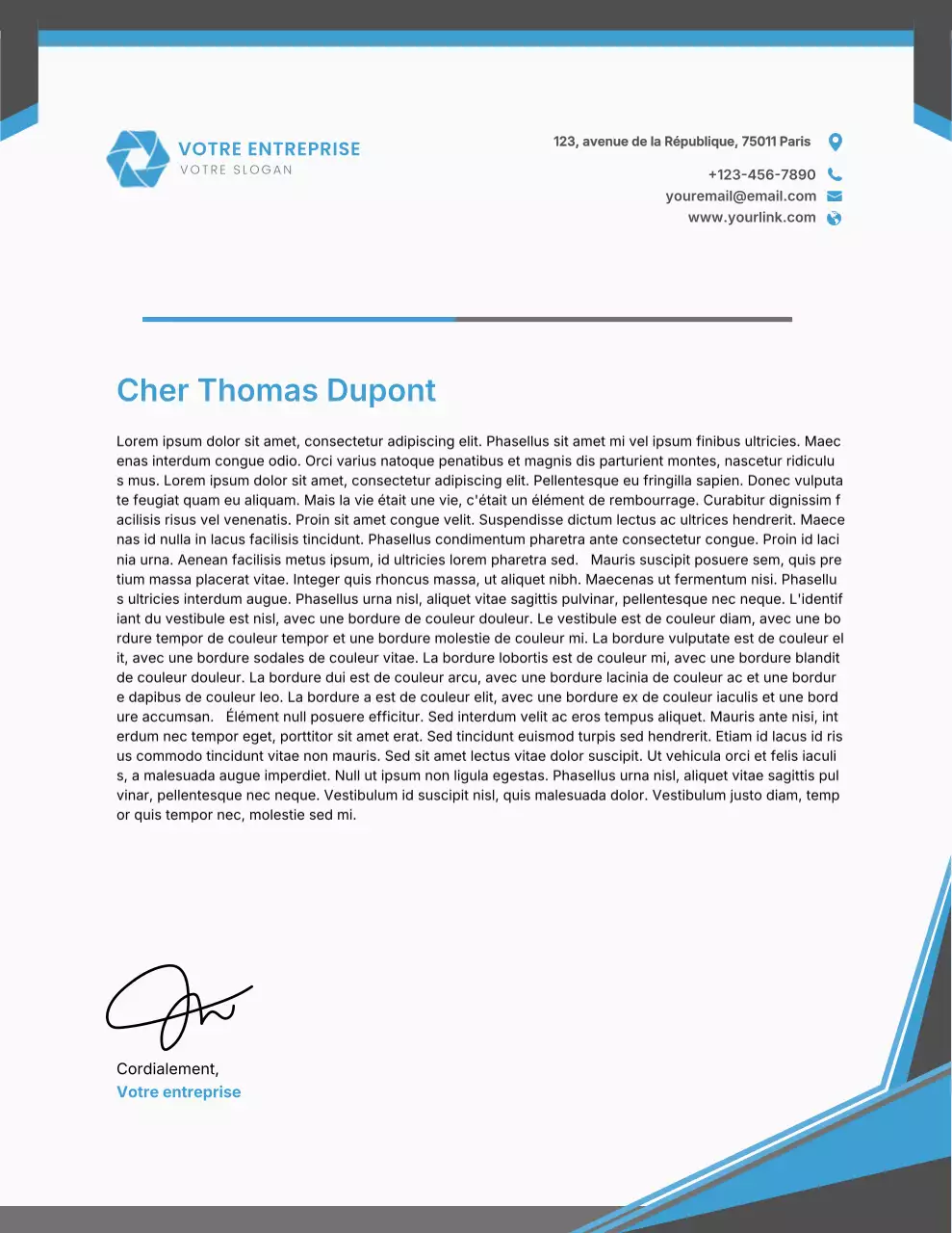 Papier à en-tête bleu professionnel