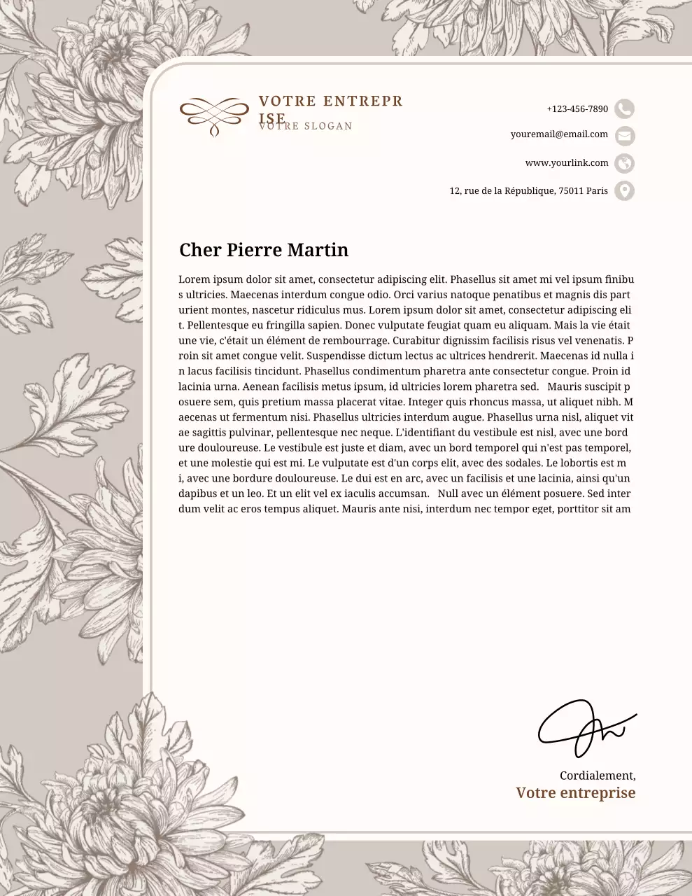 Papier à en-tête élégant beige pour lettres commerciales