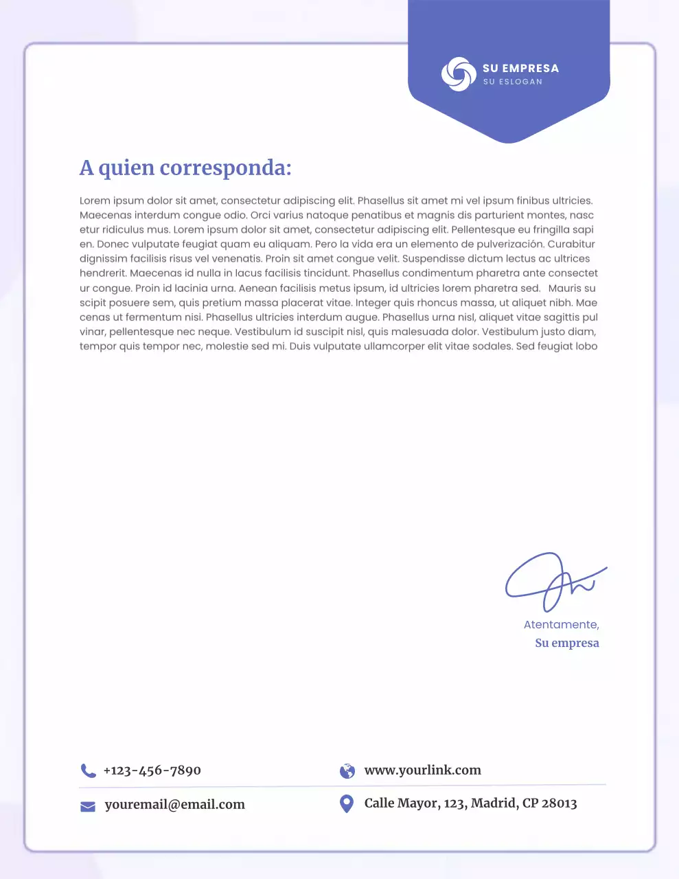 Documento con membrete comercial moderno en azul