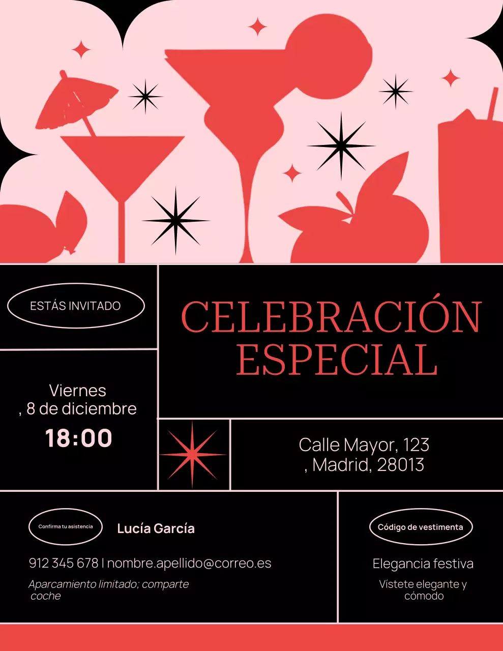 Invitación de celebración retro en negro y rosa