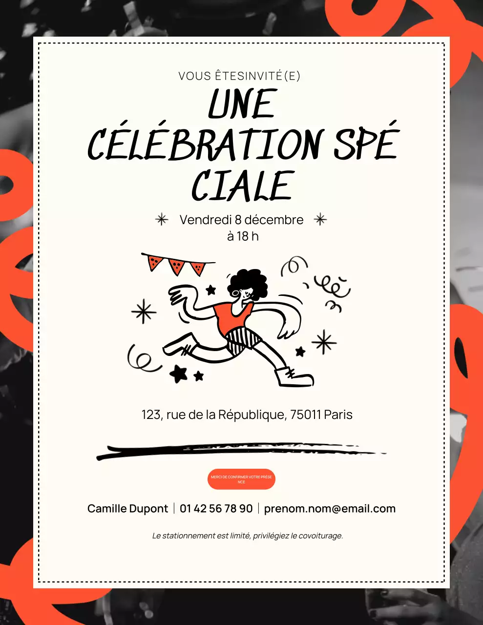 Invitation moderne orange et noire pour une célébration