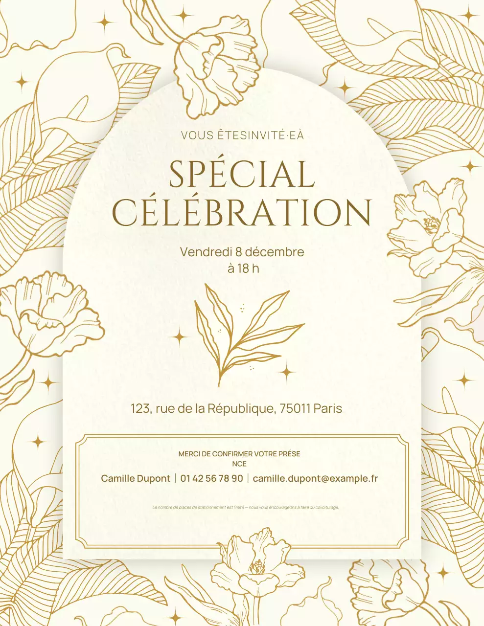 Invitation à une fête florale or et beige